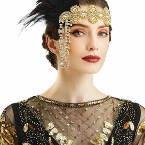 Flapper Headpiece Feather Crystal Beaded Headband 1920s Gatsby Party